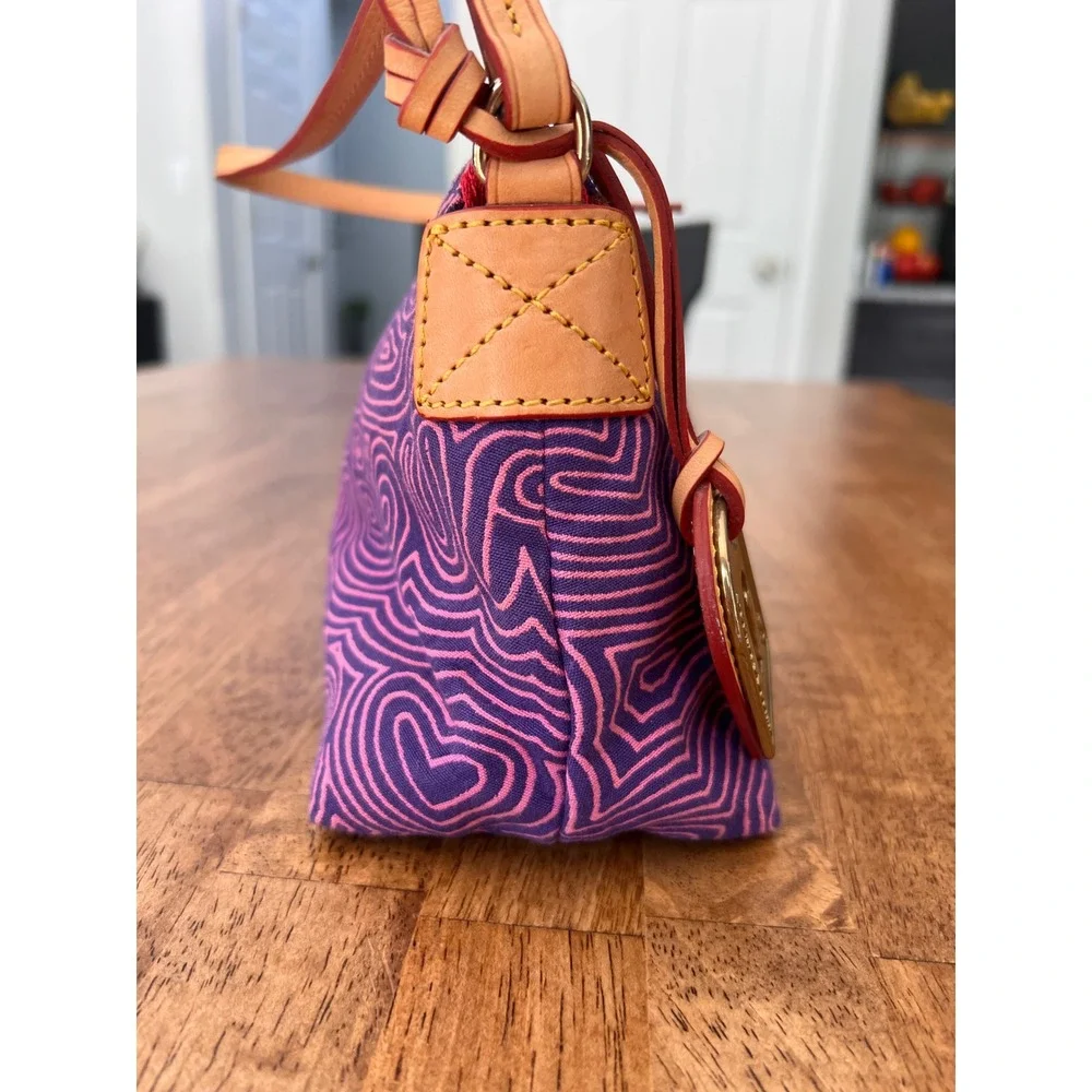 Dooney & Bourke Doodle Print Canvas Small Shoulder Bag Purple Pink Vachetta Trim